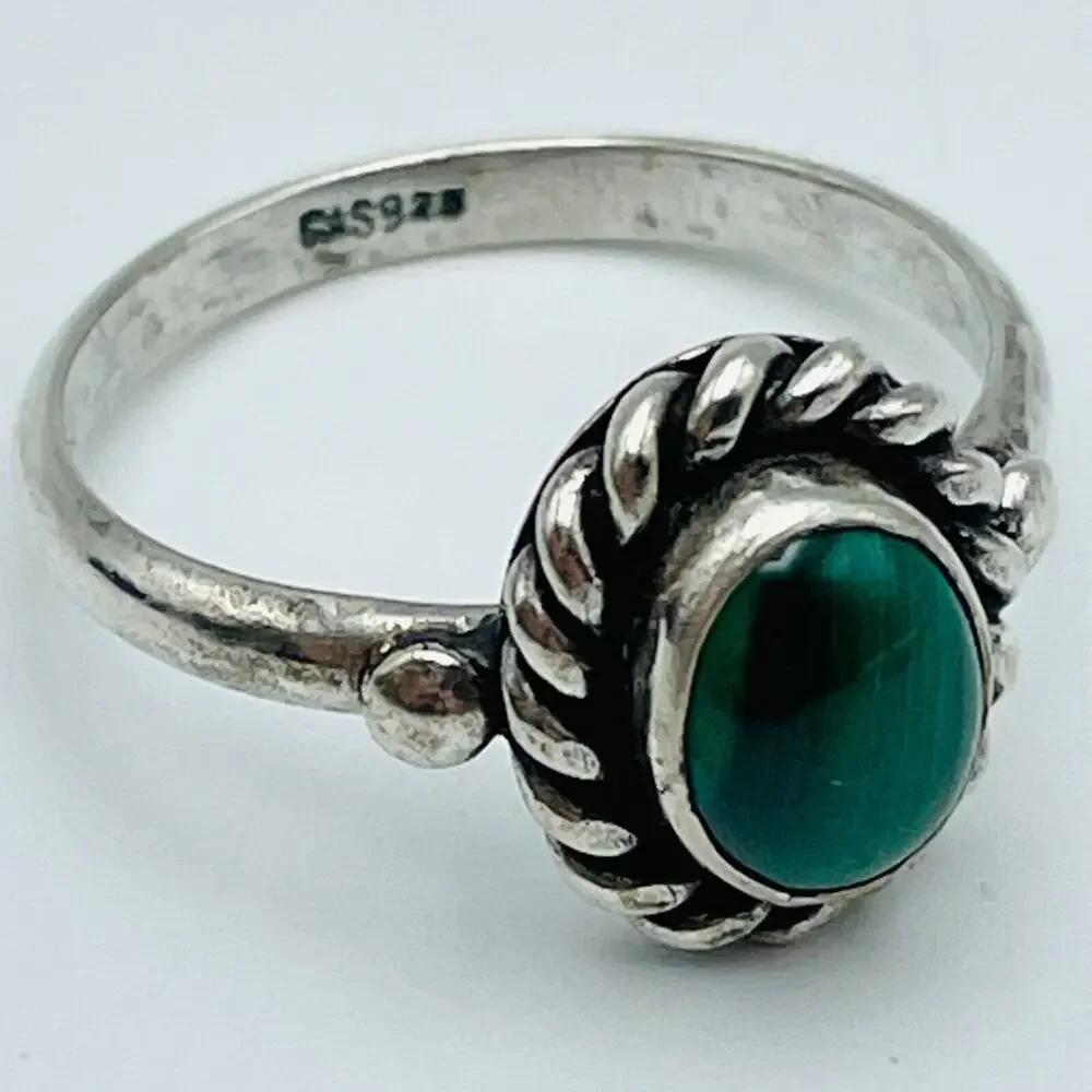 Sterling Silver Rope Bezel Ring FAS 925 US Size 6 Green Cabochon Malachite Look